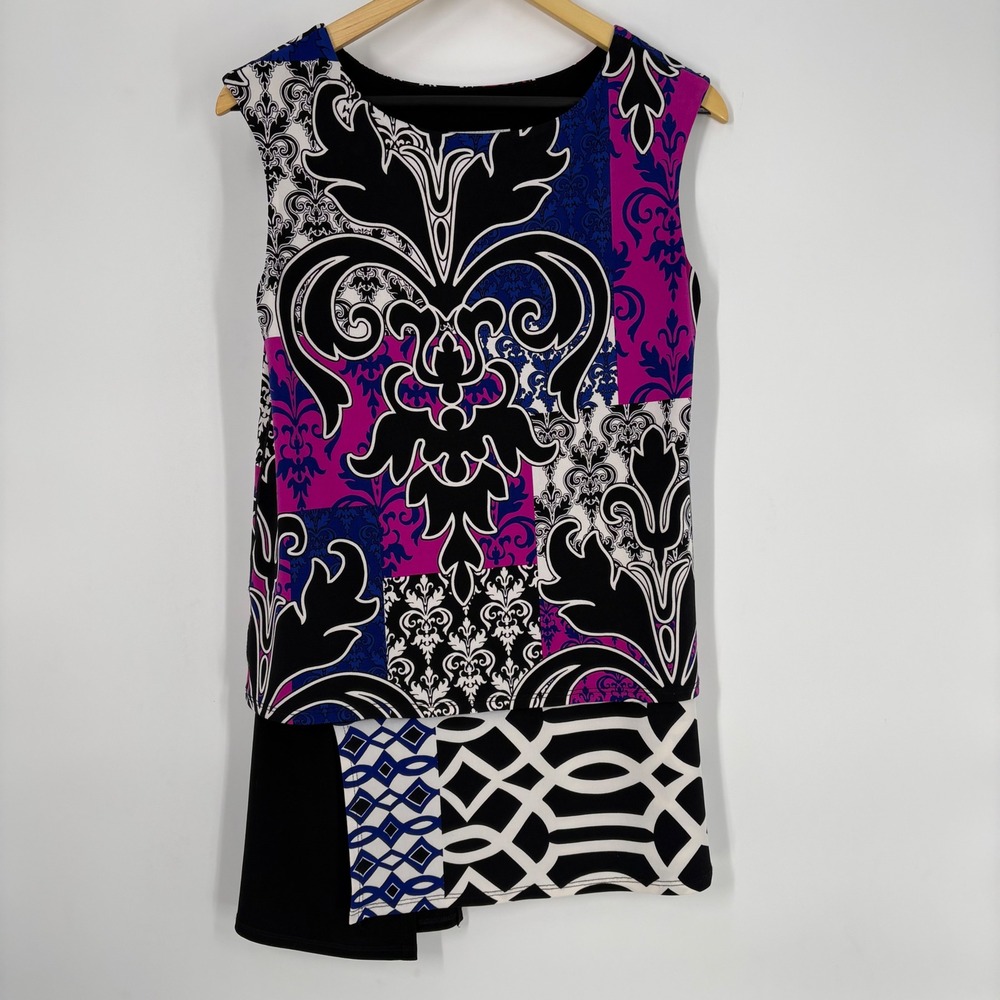 Joseph Ribkoff Multi Pattern Patchwork Asymmetrical Sleeveless Tunic Top Size 8